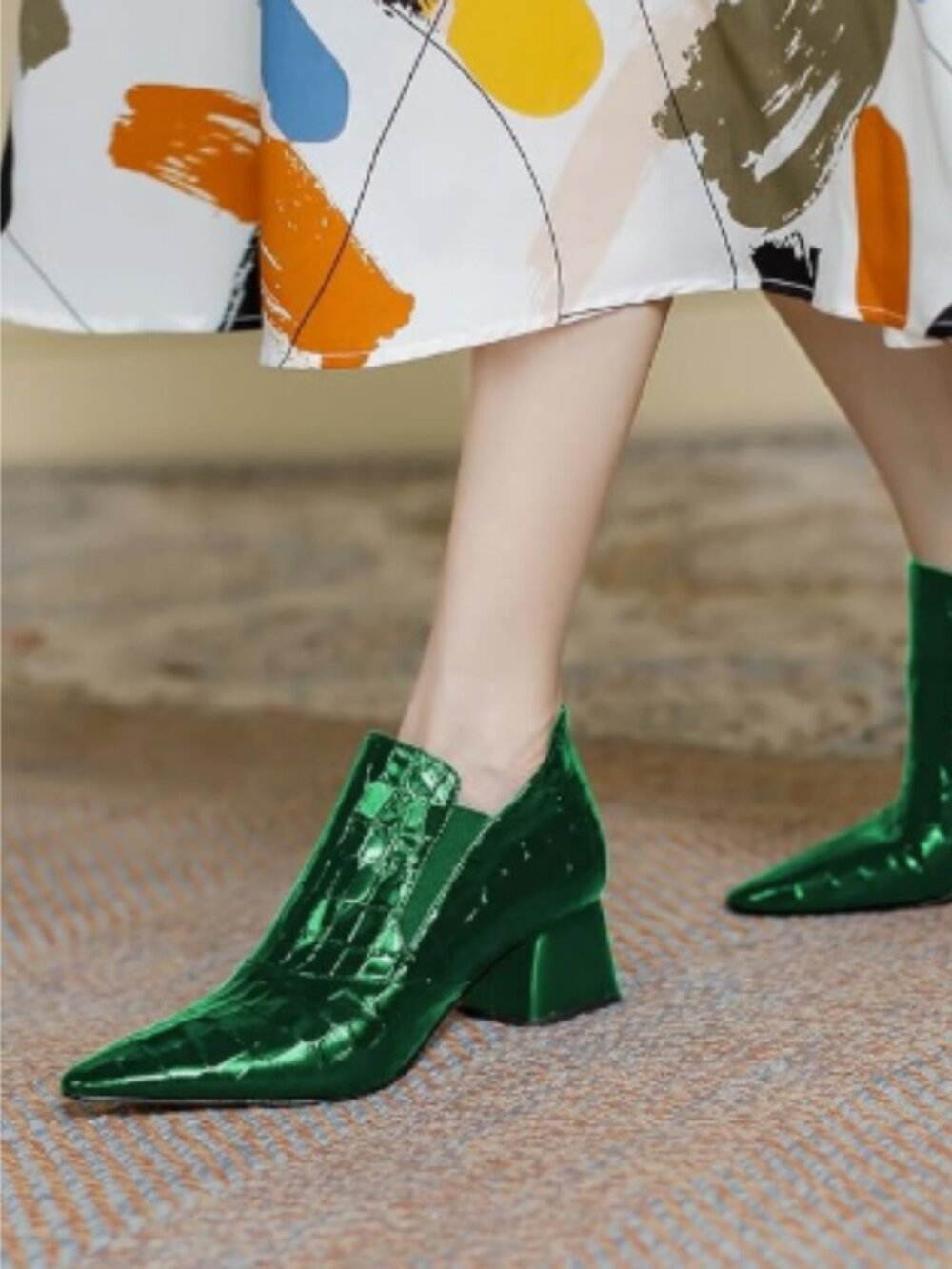 YDN Green Pointed Toe Ankle Boots Chunky Low Heel Booties Pull on Elastic Shoe